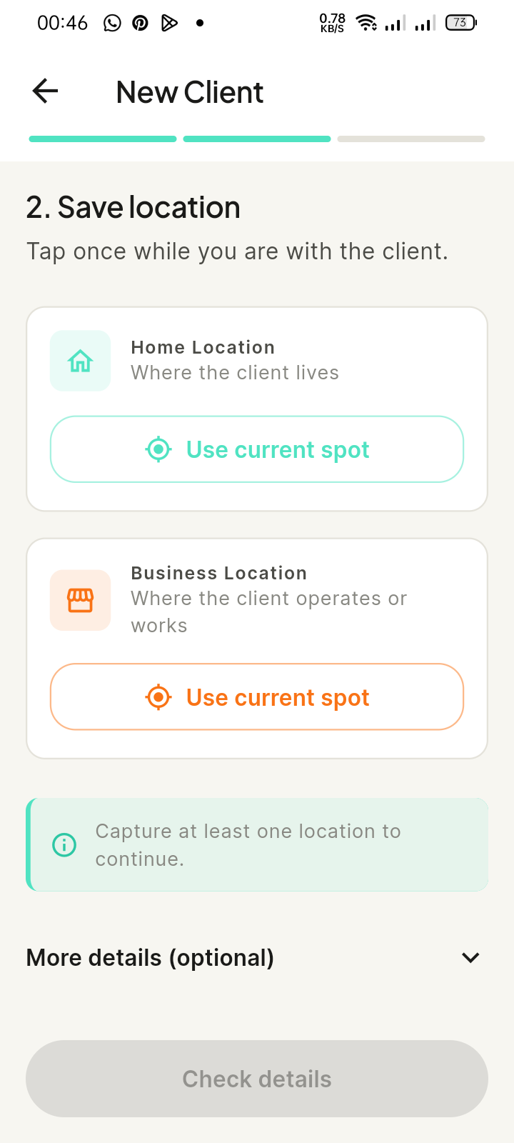 Sanaa staff app screen for capturing a member's home and business GPS locations